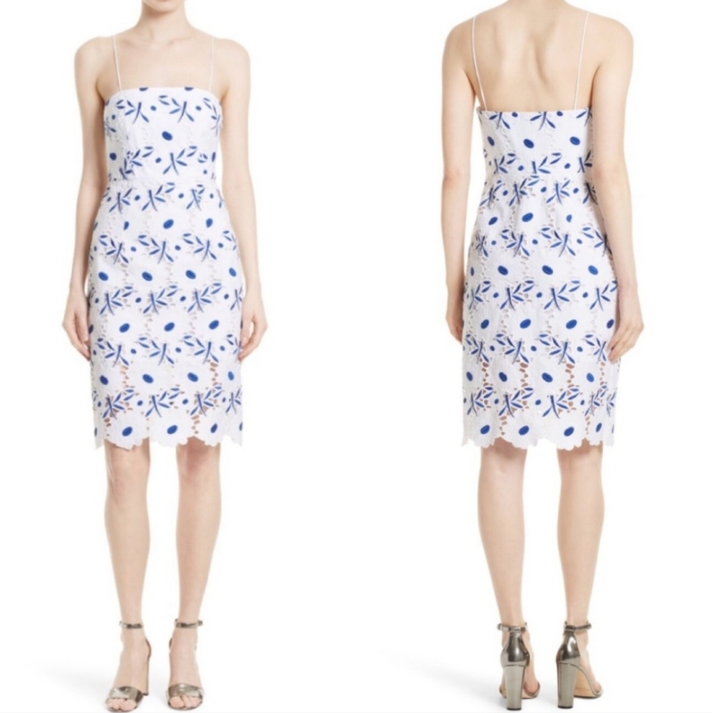Milly White Midi Dress with Blue Floral Eyelet